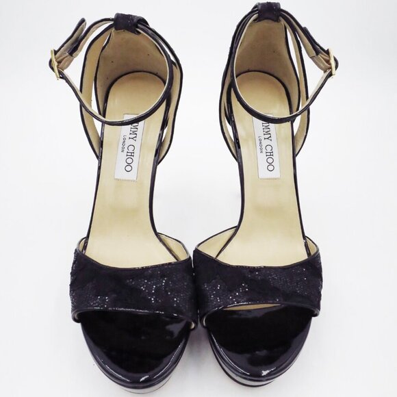 Jimmy Choo London Black Kayden Ankle Strap Sandal 40.5 Leather Suede Glitter - Picture 5 of 14